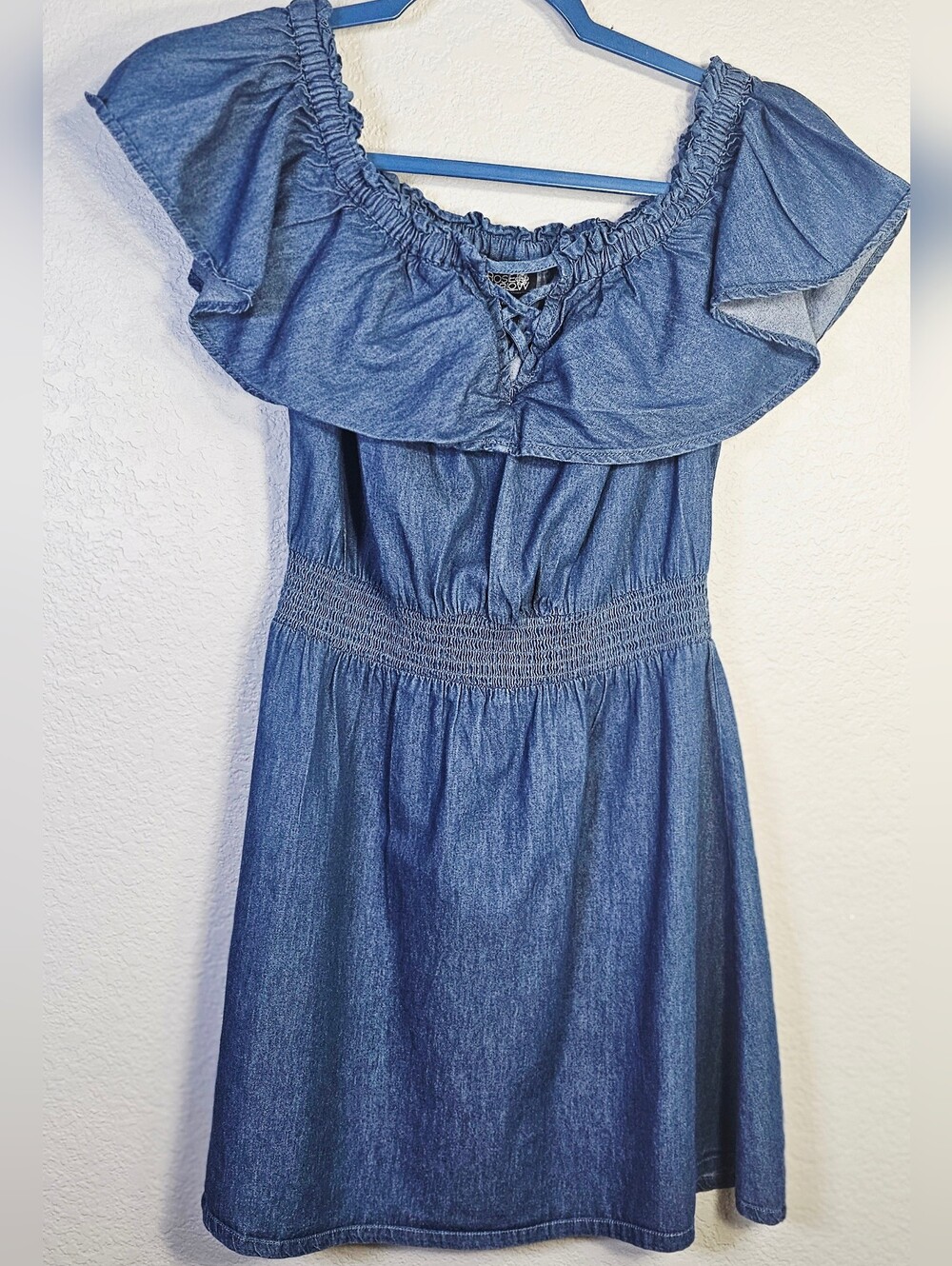 Rosie & Harlow Chambray Off Shoulder Dress Medium Boho Ruffle Elastic Waist